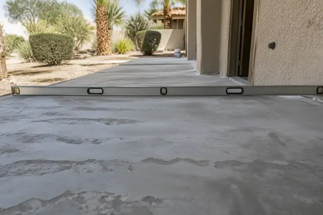 Contractor checking the flatness of a concrete slab for a tile installation project in Phoenix, AZ.