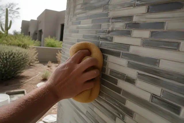 A damp sponge cleaning excess mortar from new glass and mosaic bathroom tiles at a residential site in Phoenix, AZ.