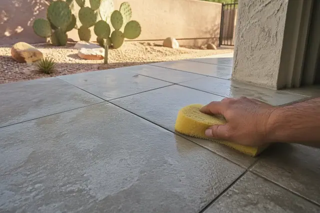 Damp sponge wiping excess grout from newly installed stone bathroom tiles at a jobsite in Phoenix, AZ.