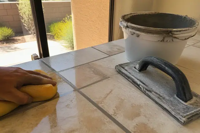 A technician wipes mortar from between new stone tiles during a grout repair project in Mesa, AZ.