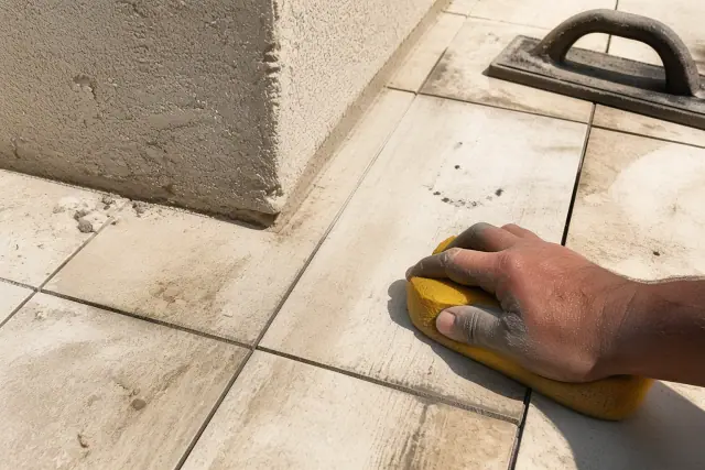 A damp sponge wiping grout from new stone tile joints at a commercial jobsite in Phoenix, AZ.
