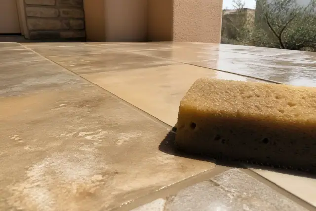 Damp sponge wiping excess mortar from fresh grout lines between stone tiles on a job site in Scottsdale, AZ.