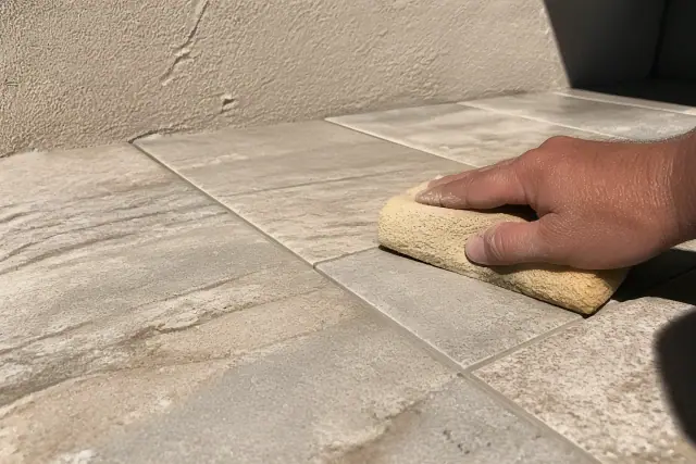 A sponge wiping grout from new stone tile gaps on a jobsite in Phoenix, AZ.