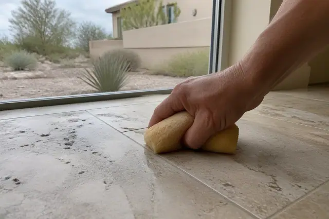 A damp sponge wiping fresh grey mortar from stone tile grout lines at a home in Tempe, AZ.