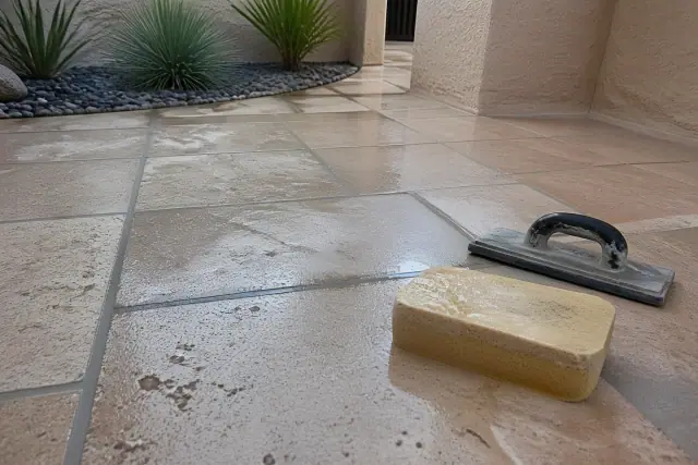 Damp sponge and grout float on stone tile flooring during a grout repair project in Paradise Valley, AZ.