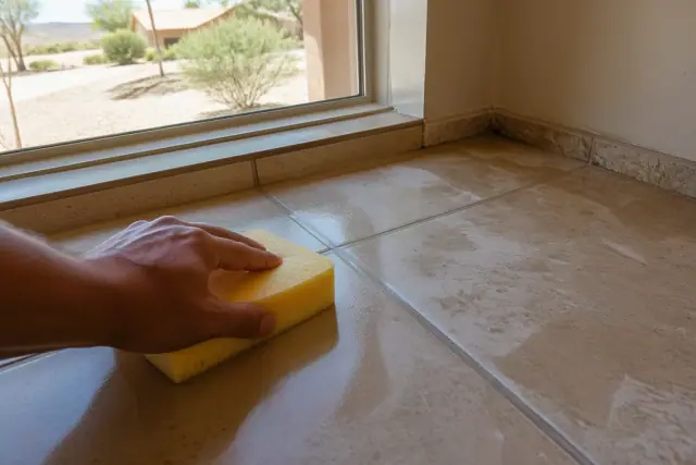 Close-up of a damp sponge wiping excess grout from between newly installed floor tiles at a home in Glendale, AZ.