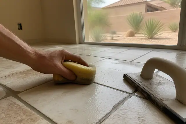 A hand wiping fresh grout from stone floor tiles in a Chandler, AZ home with desert landscaping visible through a window.