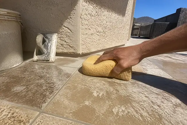 Close-up of a damp sponge wiping excess grout from between new stone tiles on a jobsite in Phoenix, AZ.