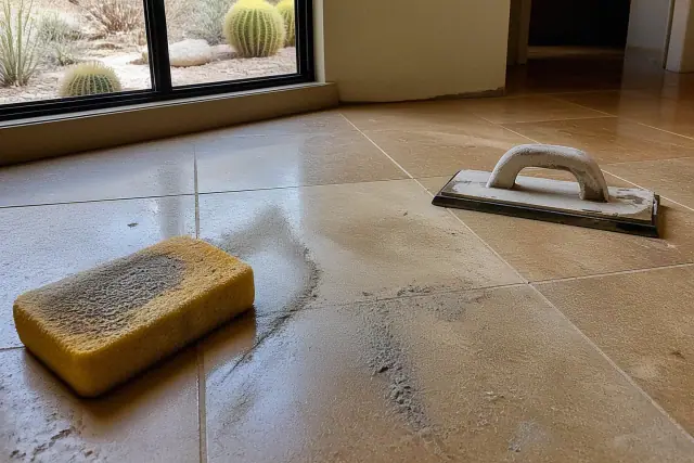 Damp sponge wiping excess grout from new stone tile floors in a Goodyear, AZ home.