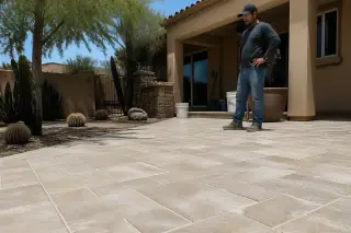 Clean stone tile floor with finished grout lines and desert landscaping outside a home in Phoenix, AZ.
