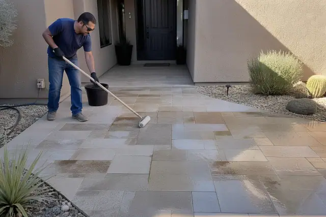 Technician applying protective sealer to a natural stone floor at a residence in Phoenix, AZ.