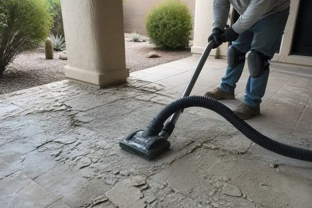 HEPA-shrouded tile scraper removing floor debris at a residential worksite in Phoenix, AZ.