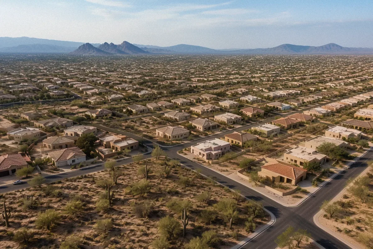Aerial view of suburban homes, desert vegetation, and distant mountains in Phoenix, AZ.