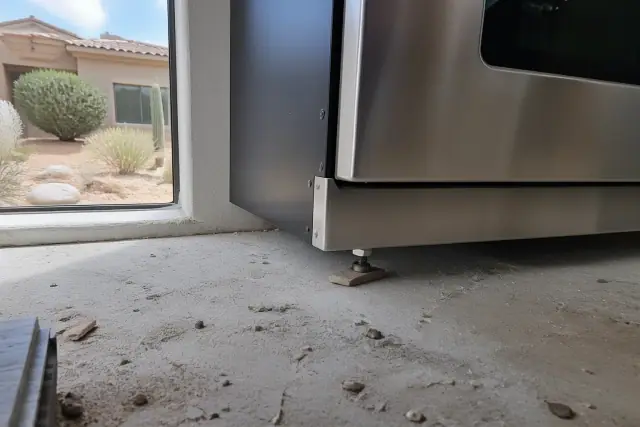 Wooden matchstick wedged under a kitchen range leveling foot on a concrete floor in a Phoenix, AZ home.