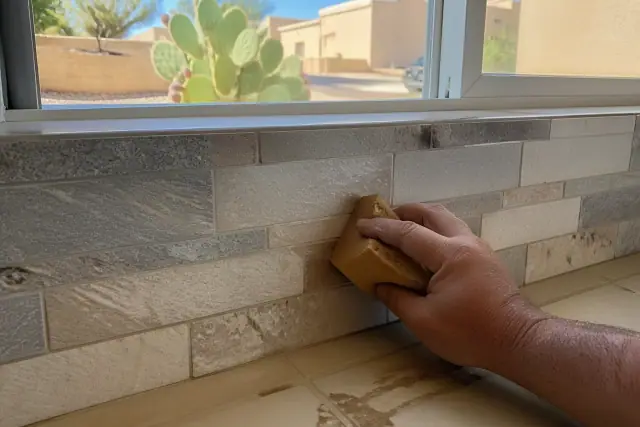 A contractor wipes grout from new stone tile backsplashes and floors at a home in Phoenix, AZ.
