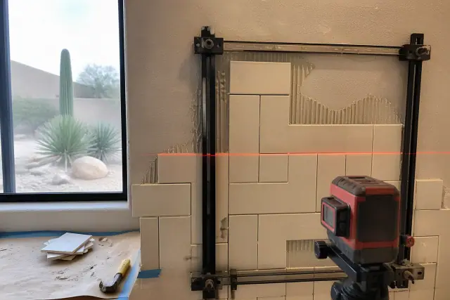 Laser level beam projected across a partially tiled kitchen backsplash in a home in Paradise Valley, AZ.