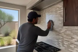 Worker wiping a clean mosaic tile backsplash in a sunlit kitchen in Phoenix, AZ.