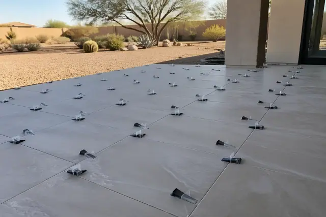 Large format floor tiles with leveling clips and wedges installed at a construction site in Phoenix, AZ.