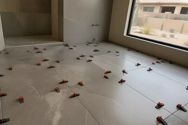 Large-format bathroom tiles with leveling spacers and wedges during installation in a Phoenix, AZ home.
