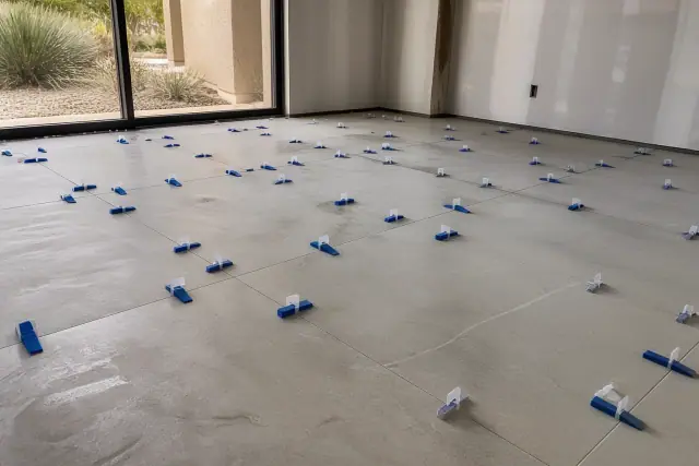 Large format tile installation with leveling clips and wedges on a construction site in Phoenix, AZ.