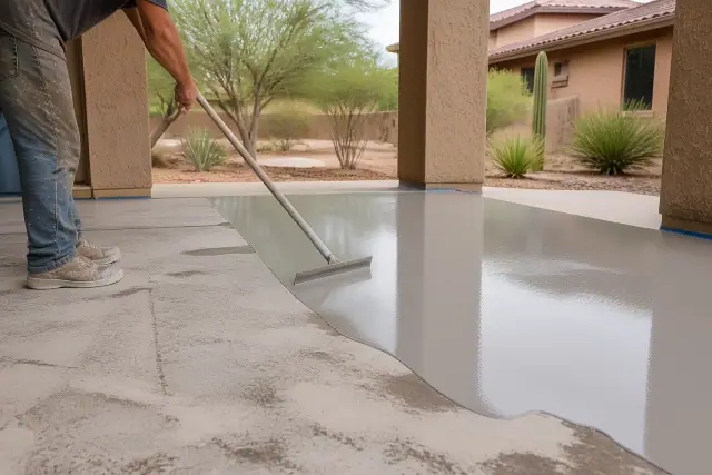 Leveling compound being applied to a concrete slab for tile installation at a home in Phoenix, AZ.