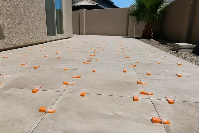 Plastic leveling clips and wedges between large format floor tiles during installation in Gilbert, AZ.