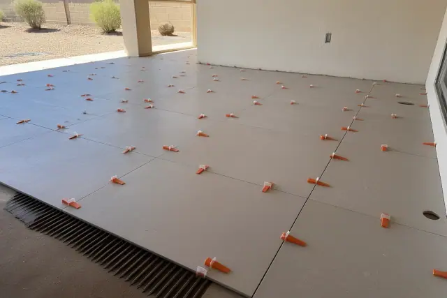 Large porcelain floor tiles being installed with orange leveling clips and wedges at a home in Surprise, AZ.
