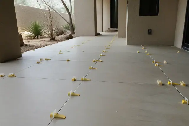 Large format tile installation with leveling clips and wedges on a construction site in Phoenix, AZ.