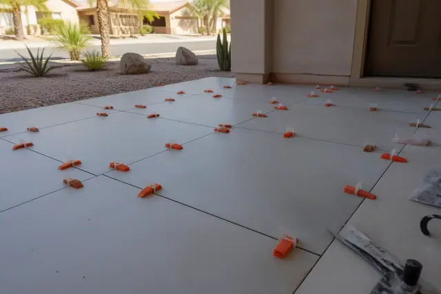 Large-format tiles with leveling clips and orange wedges installed on a concrete floor in Glendale, AZ.