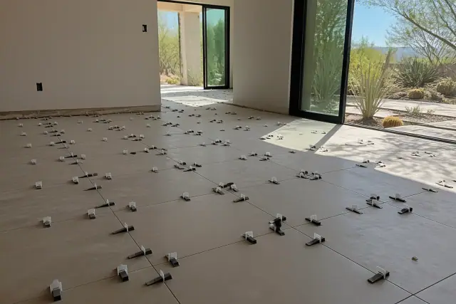 Large format tile installation with leveling clips and wedges on a dusty floor in Paradise Valley, AZ.