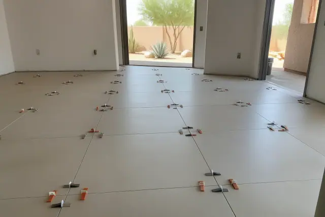 Large format tile installation with leveling spacers on a job site in Tempe, AZ, featuring xeriscaping in the background.