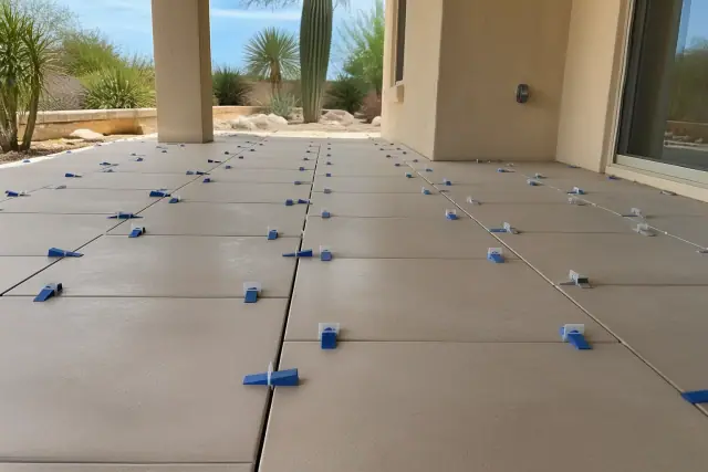 Large format tiles being installed with leveling clips and spacers at a residential job site in Mesa, AZ.