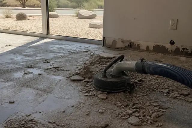 Industrial vacuum hose removing tile debris during a floor demolition project in Phoenix, AZ.