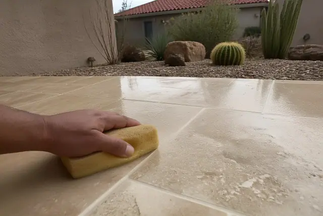 A damp sponge wiping grout from limestone tiles at a jobsite in Phoenix, AZ with desert landscaping in the background.