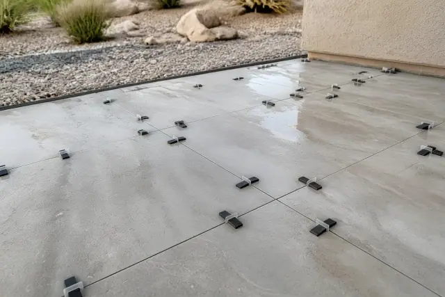 Marble tile installation with leveling clips and wedges on a jobsite in Phoenix, AZ.