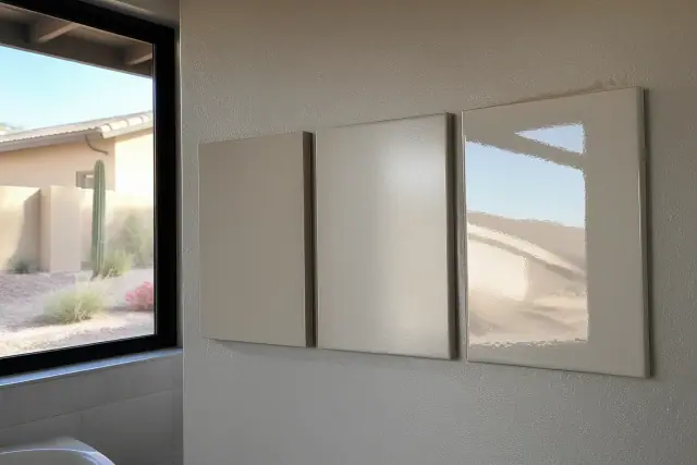 Matte, satin, and glossy tiles mounted on a bathroom wall to show light reflection in Phoenix, AZ.