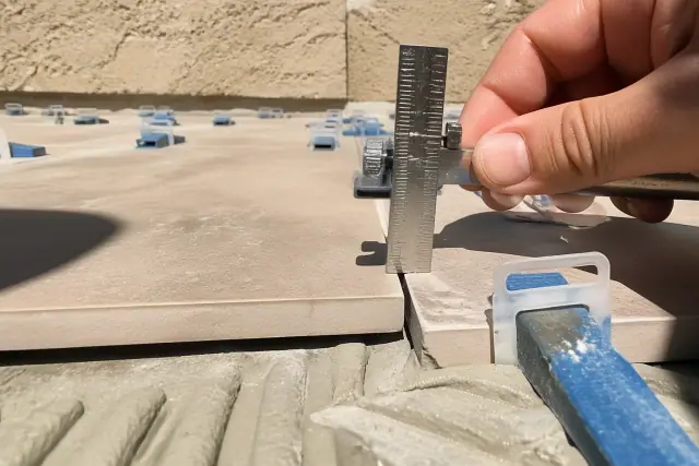 Tile gauge measuring grout width and edge lippage between porcelain tiles at a construction site in Phoenix, AZ.
