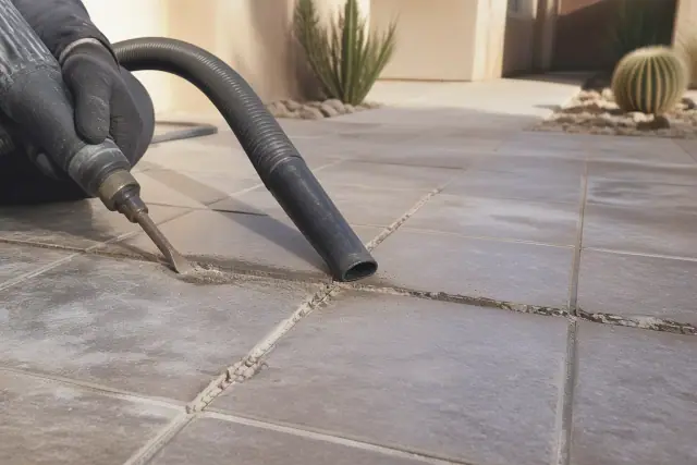 Crumbling grout being removed with a vacuum tool at a job site in Phoenix, AZ.