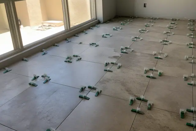 Leveling clips and wedges installed between stone tiles on a jobsite in Phoenix, AZ.