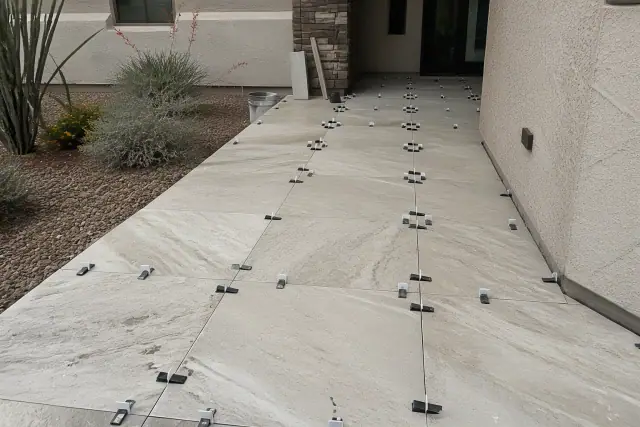 Large format natural stone tiles with leveling clips and wedges on a jobsite in Phoenix, AZ.