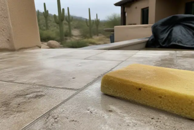 Damp sponge wiping excess mortar from between newly installed stone tiles at a job site in Phoenix, AZ.