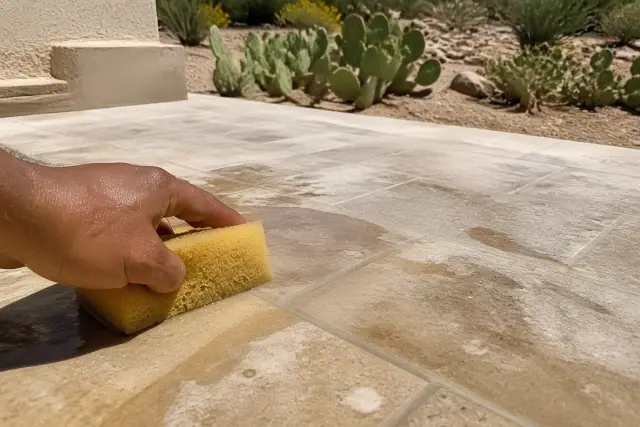 Damp sponge wiping excess mortar from new natural stone tile grout lines at a jobsite in Phoenix, AZ.