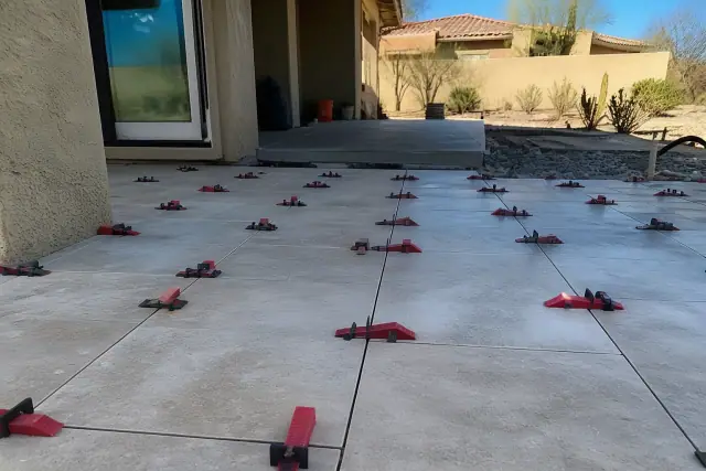 Natural stone tiles with leveling spacers installed on a residential jobsite in Phoenix, AZ.