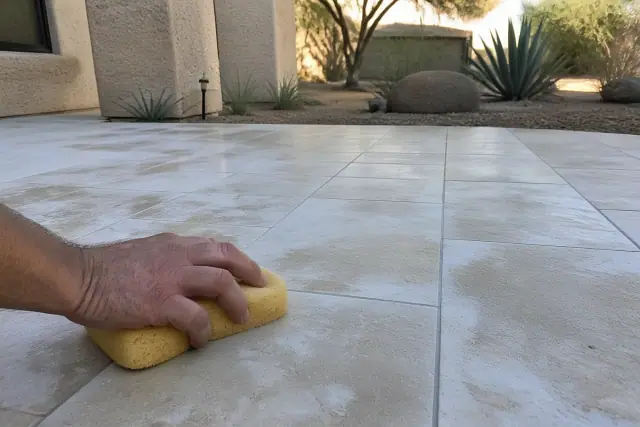 A damp sponge wipes excess mortar from new stone tile flooring during a renovation in Surprise, AZ.