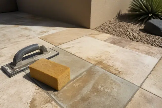 A damp sponge wiping fresh grout from newly installed natural stone tile flooring in Paradise Valley, AZ.