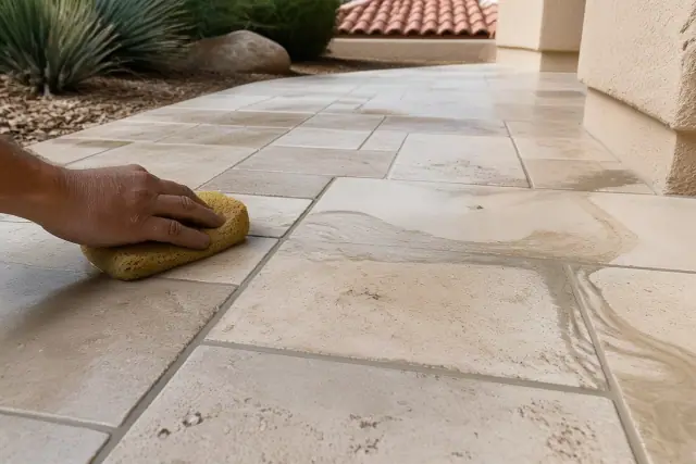 Newly installed natural stone tile flooring with fresh grout lines at a job site in Tempe, AZ.