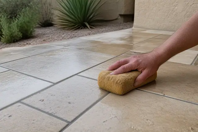Damp sponge wiping excess mortar from between newly installed natural stone bathroom tiles in Phoenix, AZ.