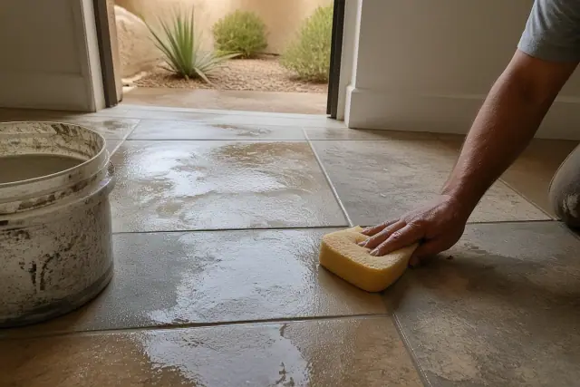 Hand wiping excess mortar from newly installed stone floor tiles in a Peoria, AZ home.