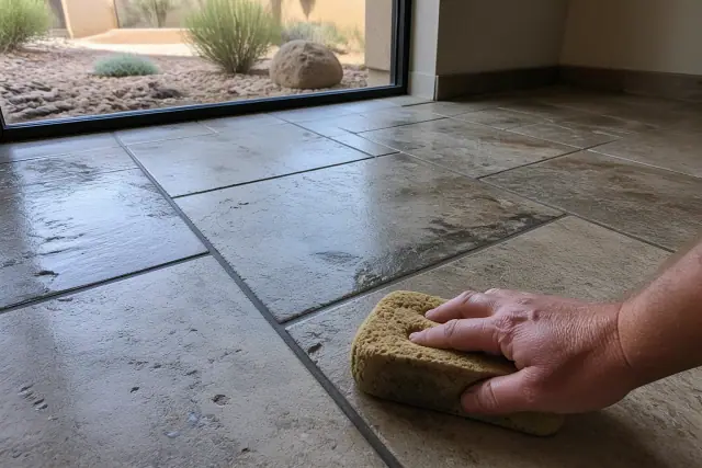 A damp sponge wiping grout from newly installed natural stone floor tiles in a residential home in Gilbert, AZ.