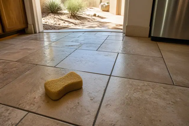 Damp sponge wiping grout from newly installed natural stone tile flooring in a Mesa, AZ kitchen.